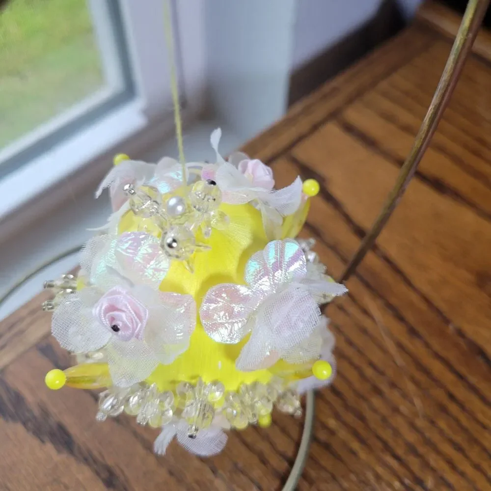Vtg Ornate Easter Egg Handmade Beaded Push Pin Satin Basket Filler Yellow Egg